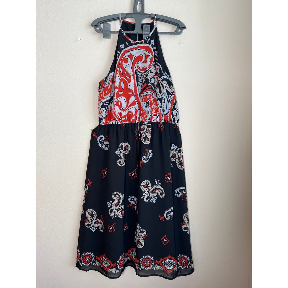 LOFT Sunset Paisley Halter Midi Dress - Size Medium-Black & Red Scarf Print
